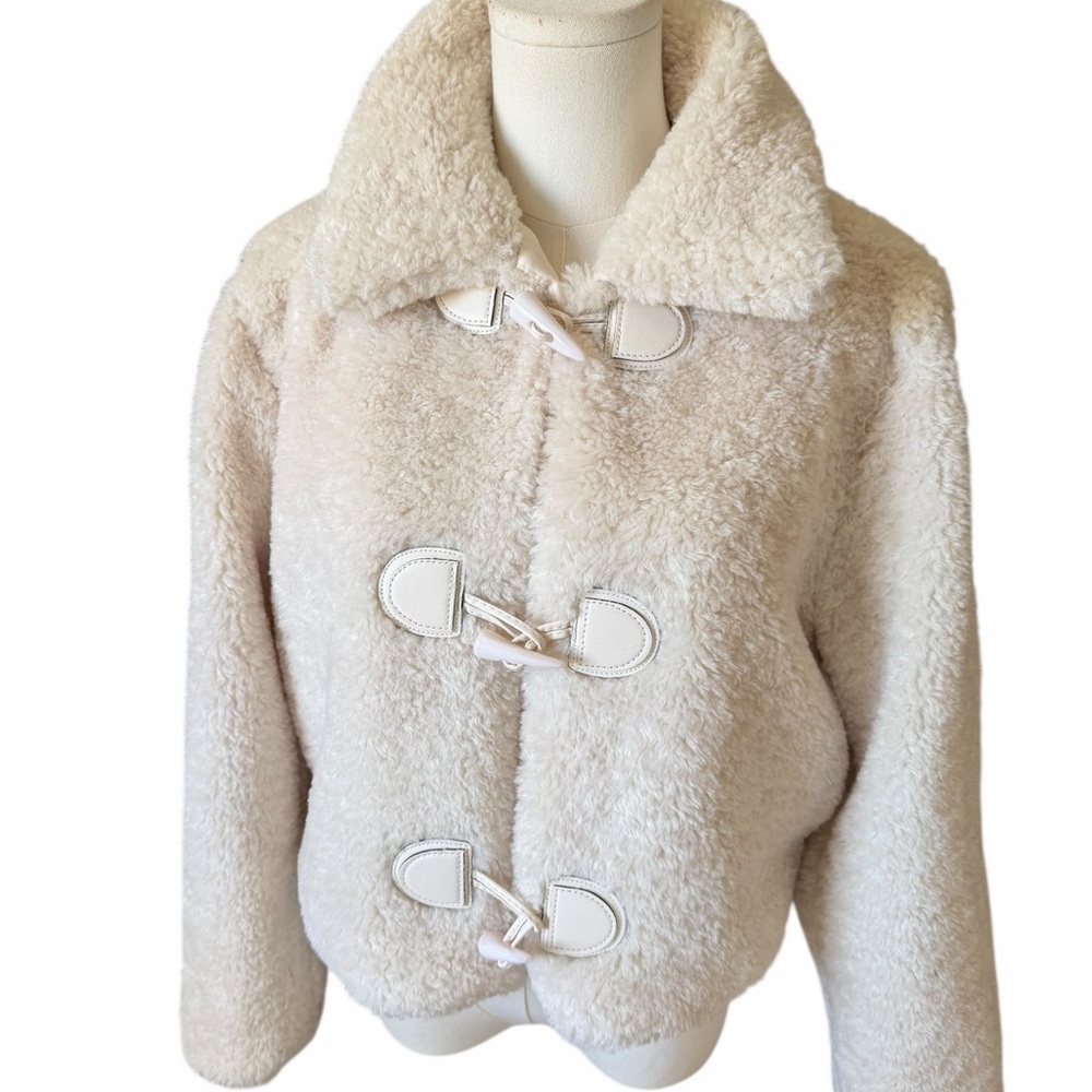 All In Favor Women's Cream High Pile Fleece Cropped Jacket Toggle Jacket Small